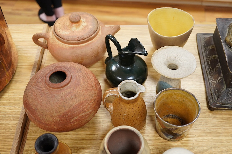 Thirteen studio pottery vessels including Sally Walton, tallest 13cm. Condition- good
